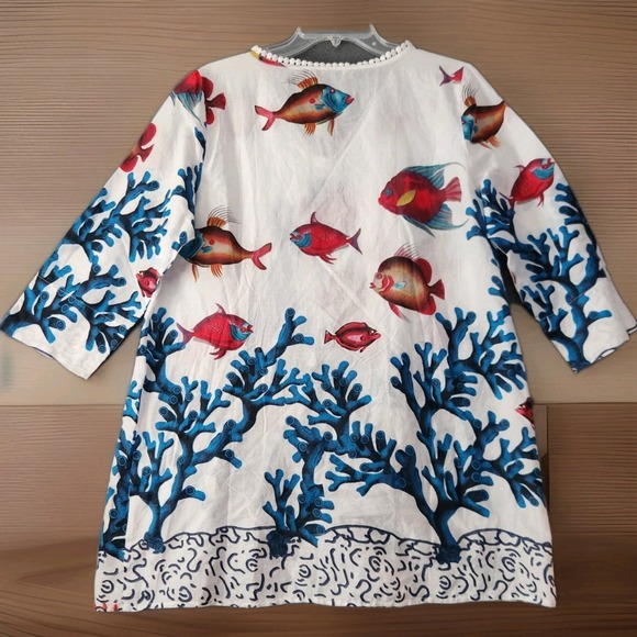 Soft Surroundings Beach Cover Up Sz PL Blouse Seychelles Tunic Top Fish Coastal - Picture 2 of 11